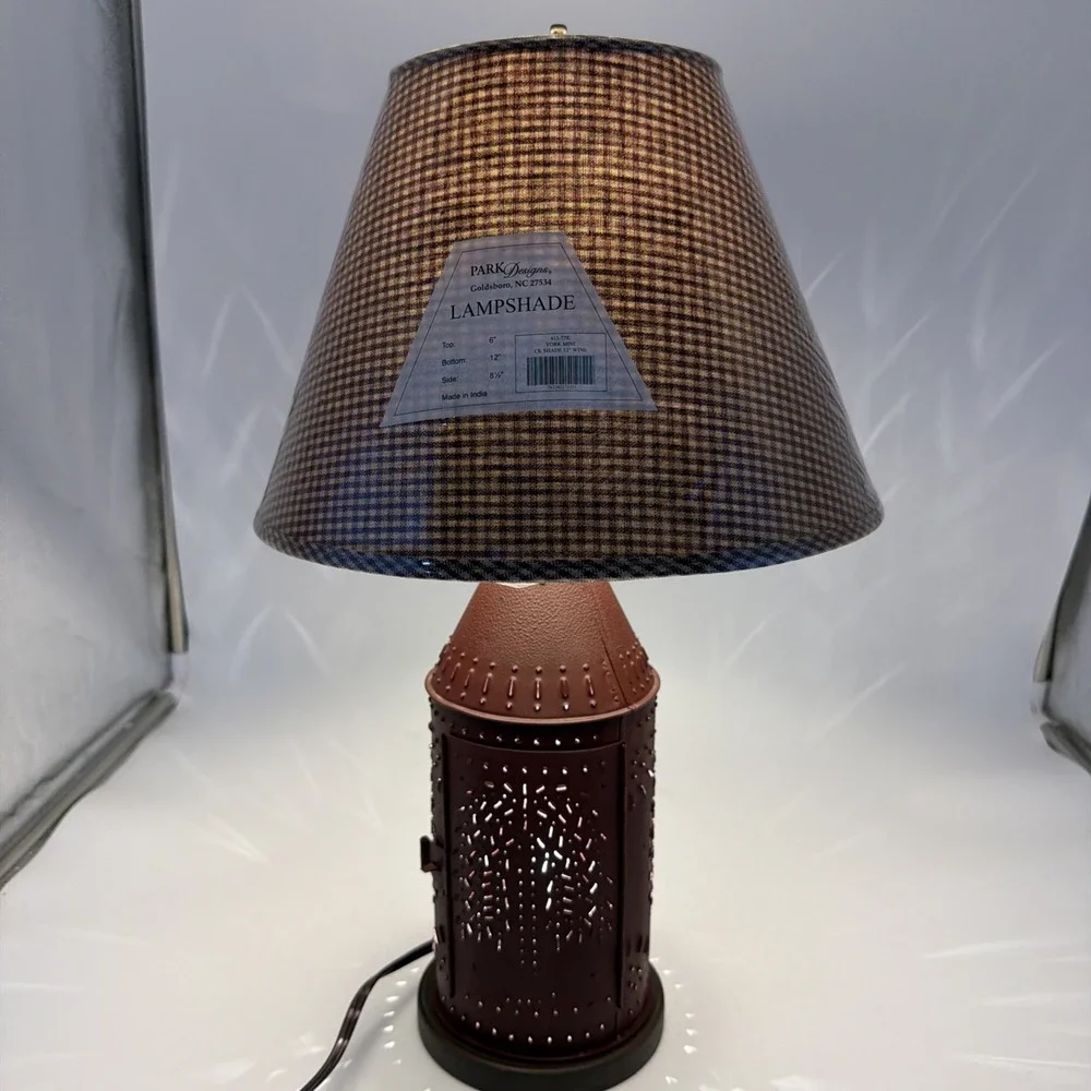 Vintage Primitive Punched Tin Willow Tree Table Lamp W/Homespun Check Shade